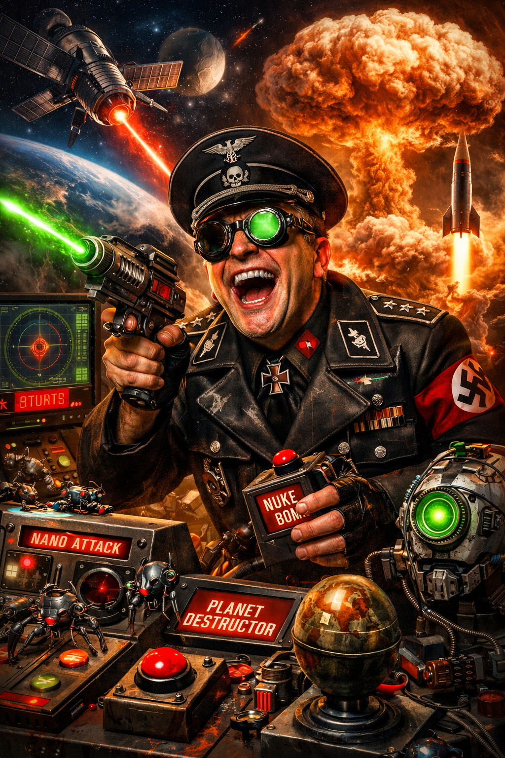 Exaggerated science-fiction villain image about destructive power and technological recklessness.