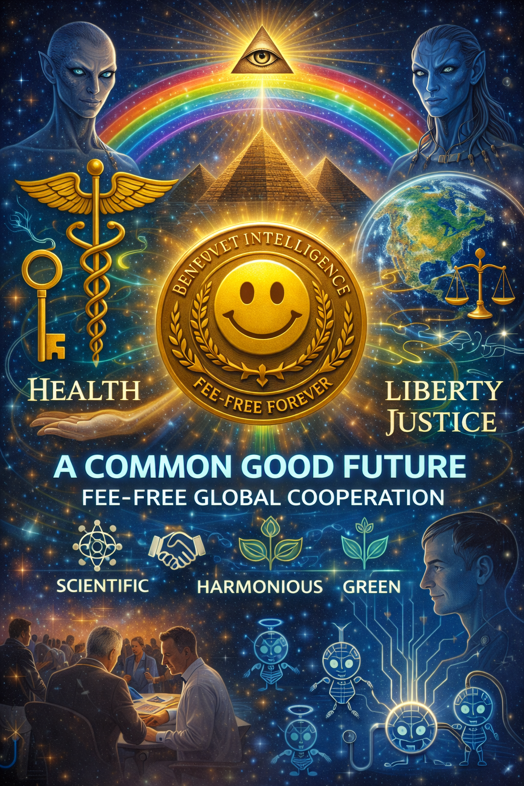 A bright poster about health, liberty, justice, cooperation, and a fee-free common-good future.