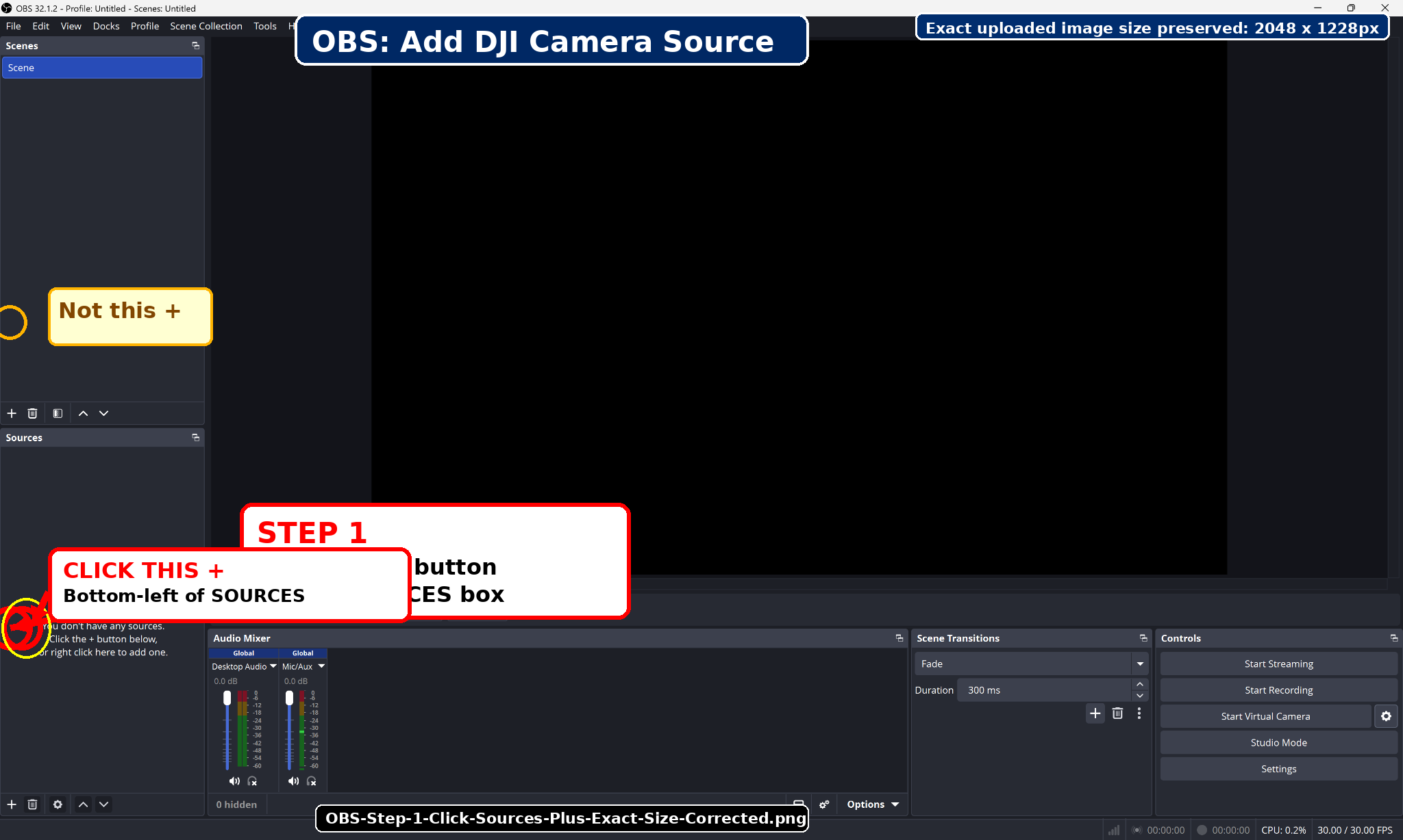 Annotated OBS Studio screenshot intended to show where to click to add a camera source.