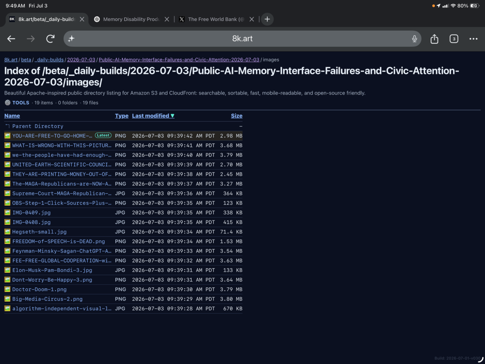 Directory listing screenshot showing the generated image set on 8k.art viewed on an iPad.