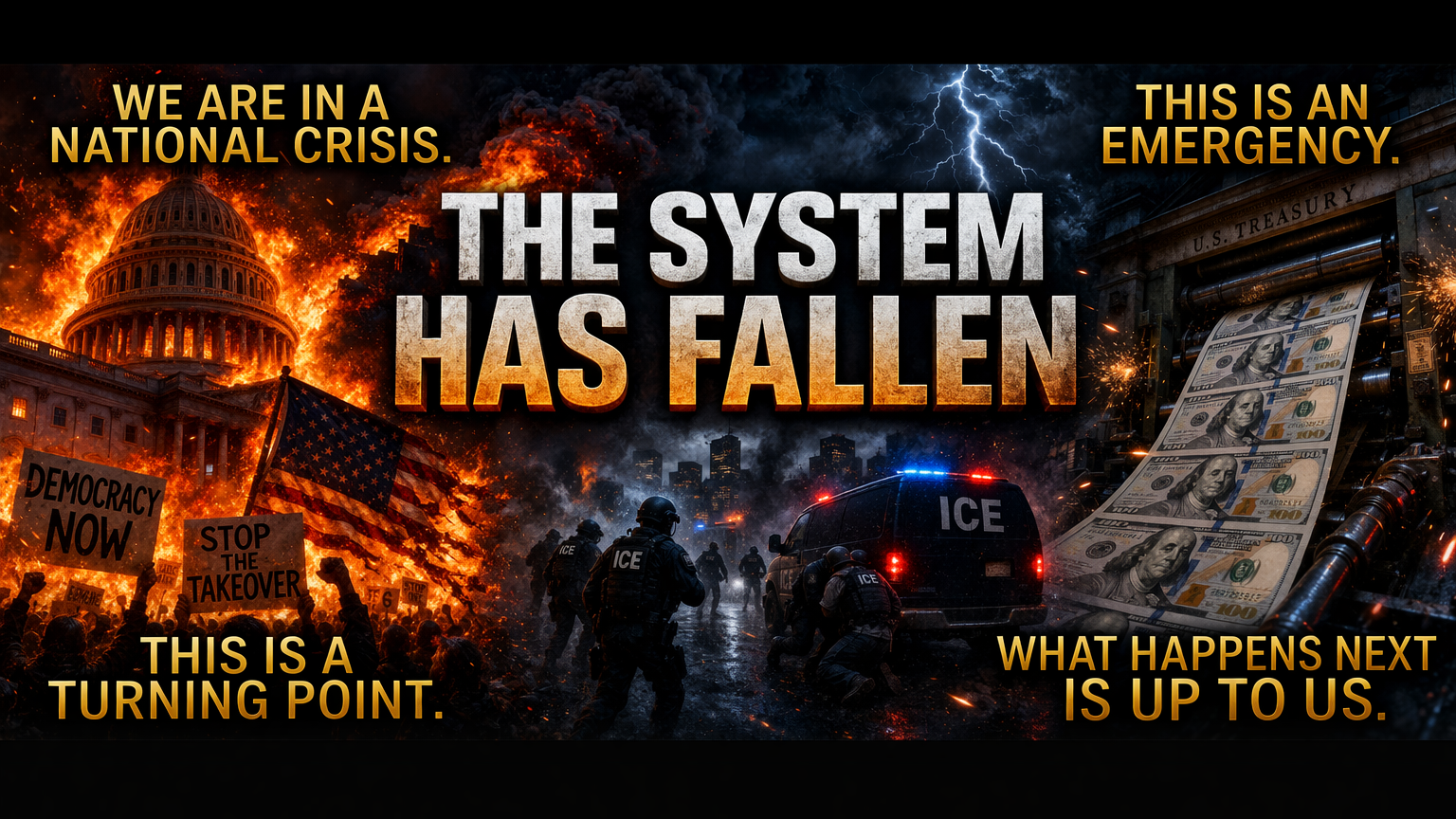 A crisis-themed poster linking public money, enforcement power, and class conflict.