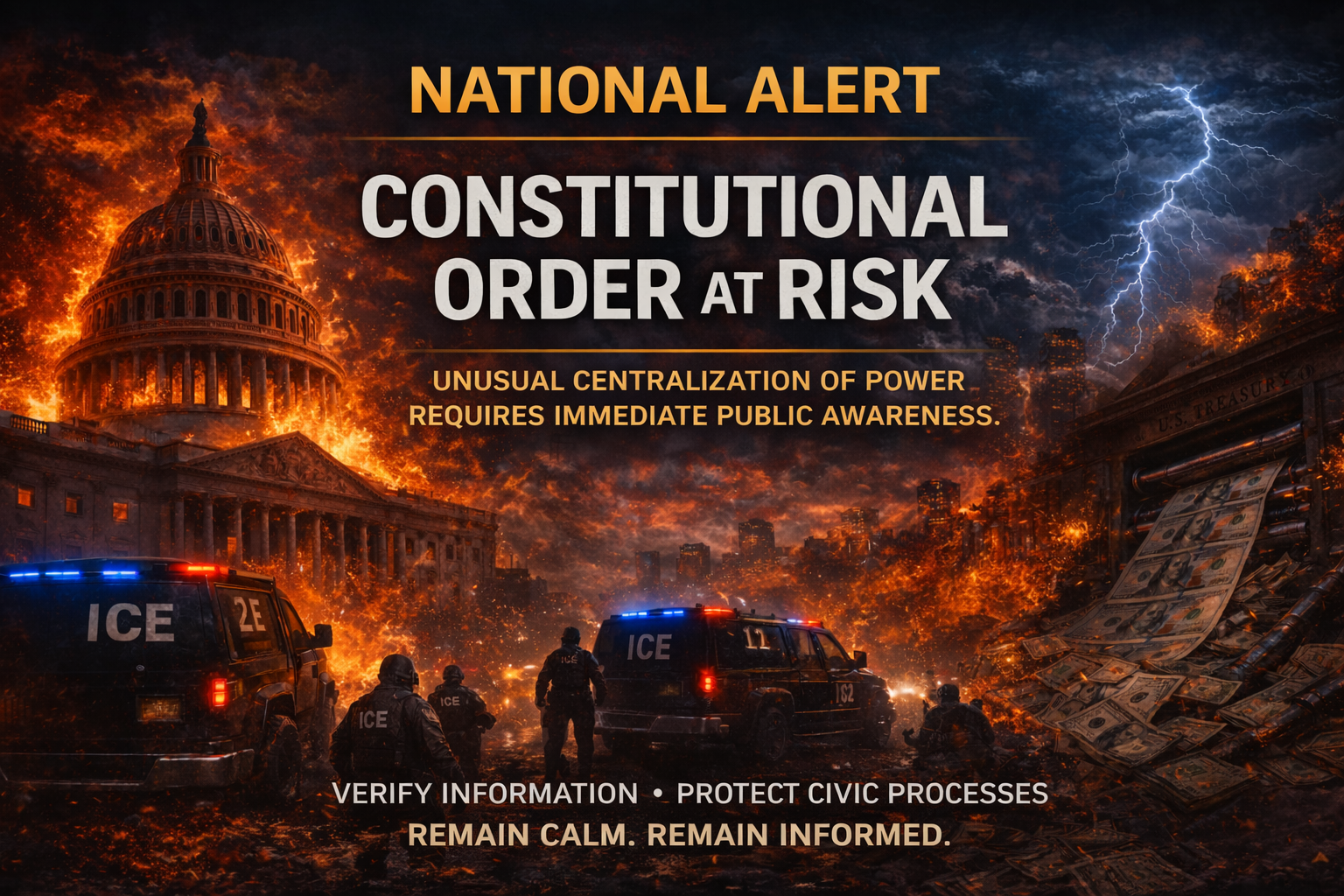 Emergency-style poster urging public awareness about constitutional risk and concentrated power.