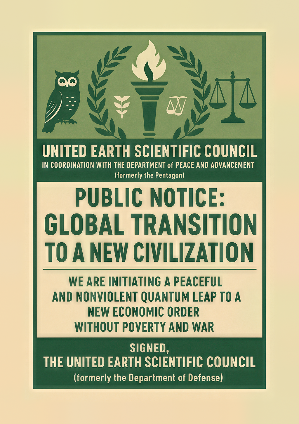 A fictional institutional poster about peaceful transition and a new civilization.
