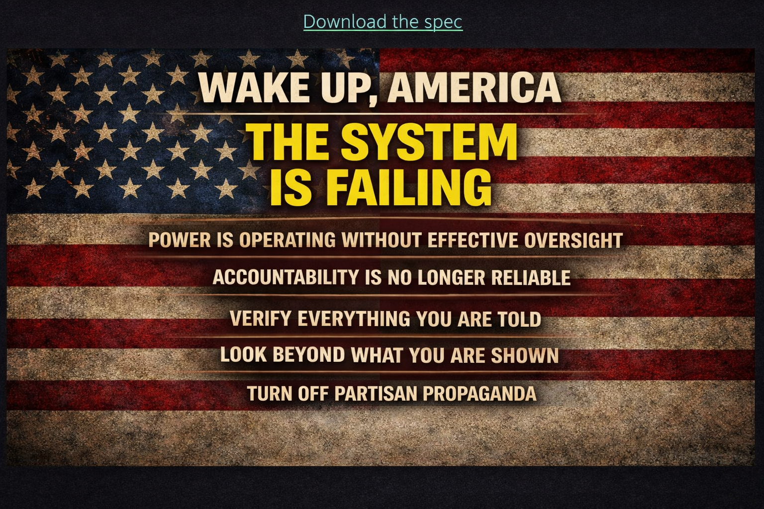 Flag-background warning graphic about accountability failure and the need to verify information.