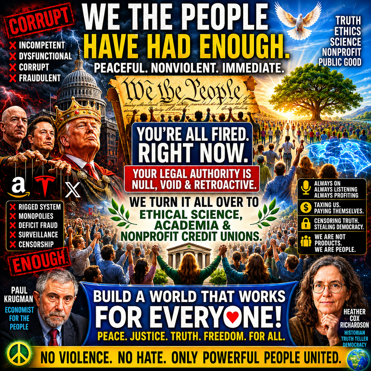 Mass-participation poster calling for immediate, peaceful, nonviolent public accountability.