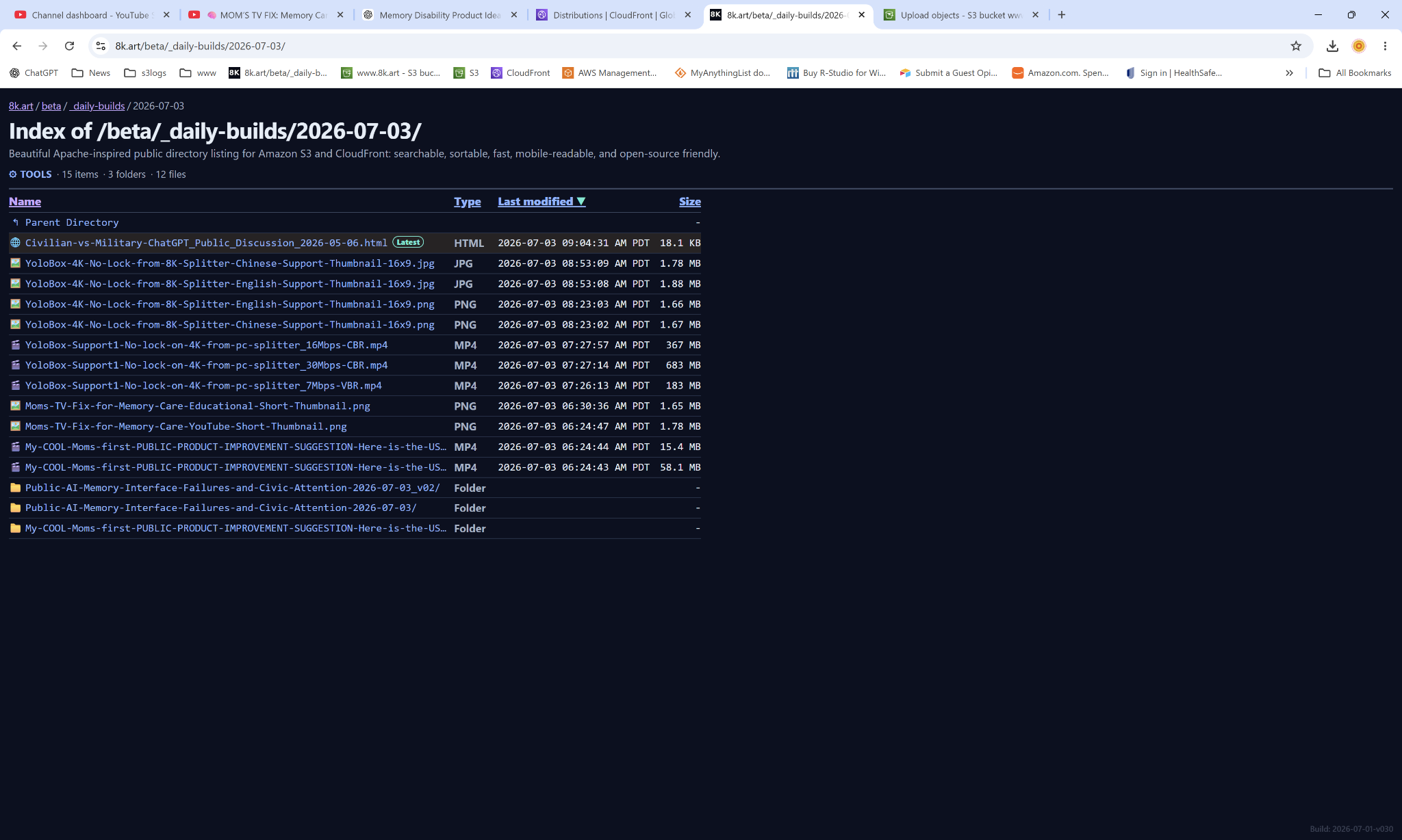 Browser screenshot showing the v02 folder on 8k.art and the v02 HTML page open.