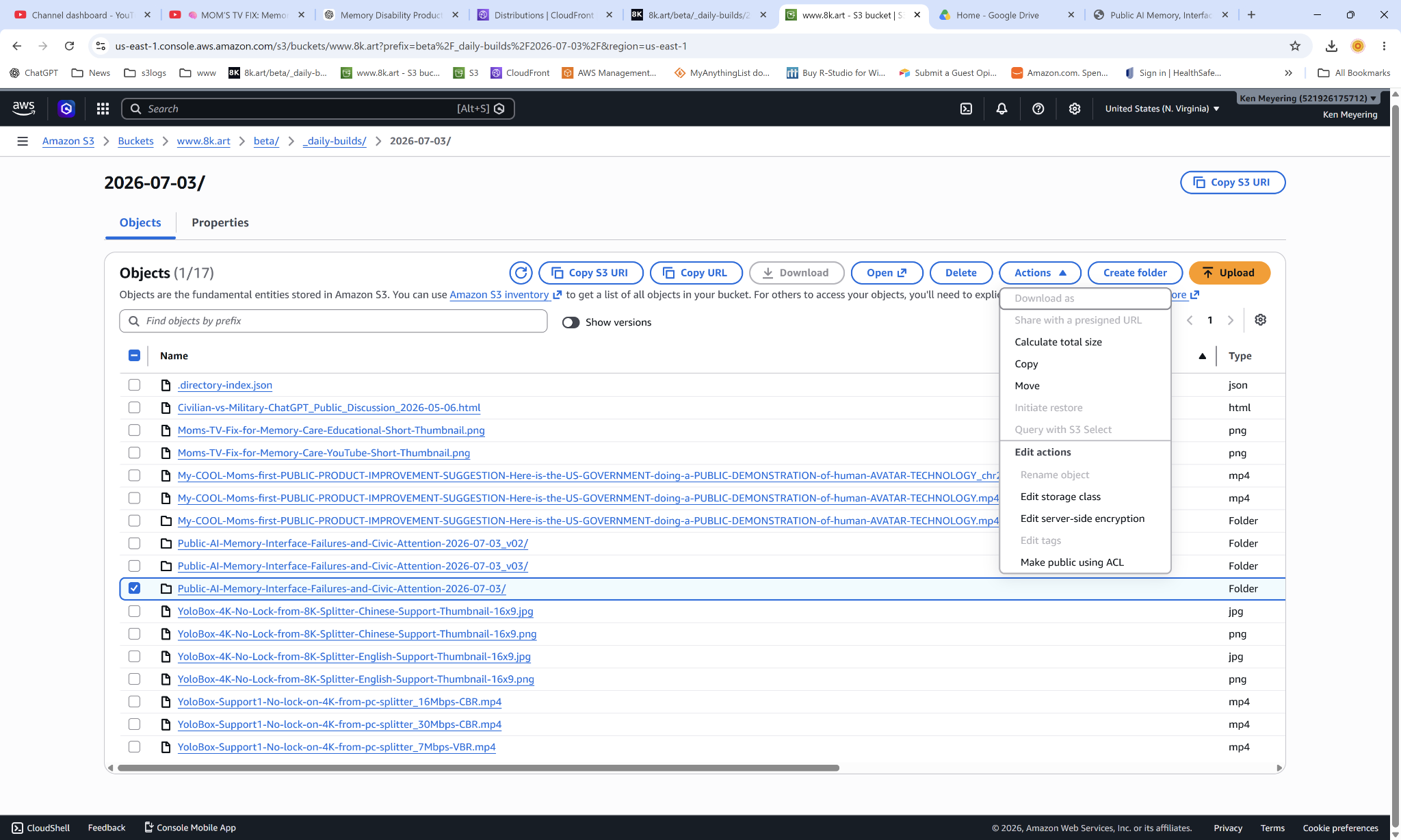 Earlier AWS screenshot showing the Actions menu before the move/copy decision was corrected.