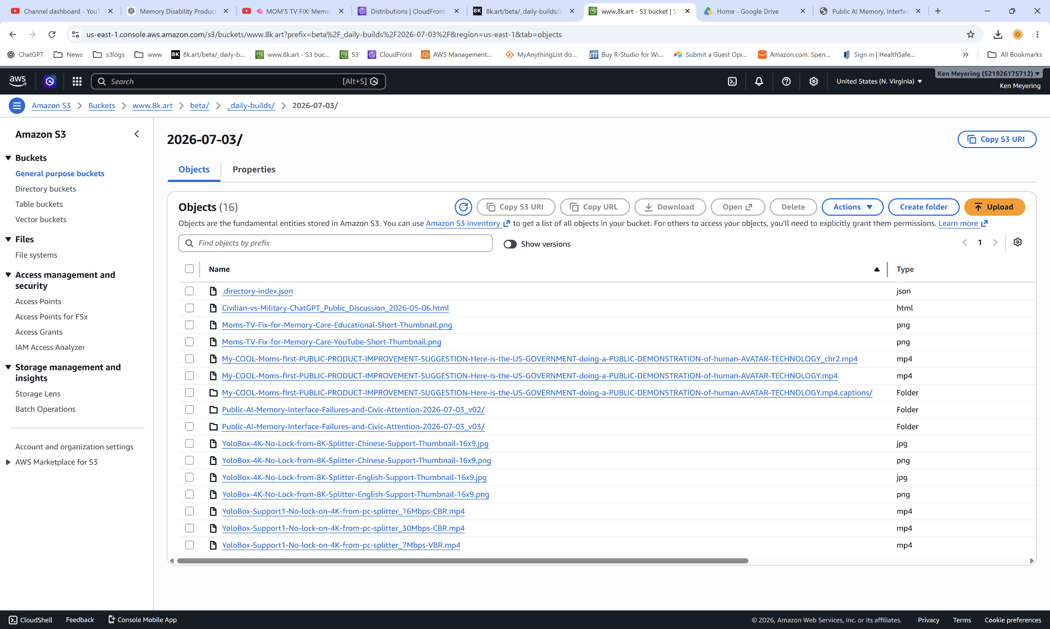 AWS list view showing v01, v02, and v03 folders visible in the same directory.