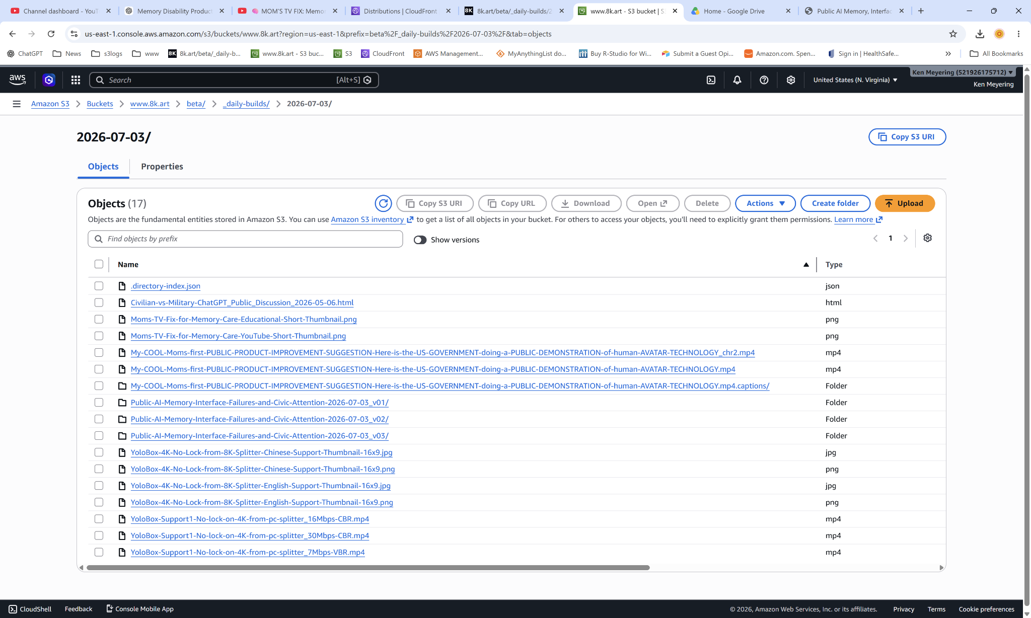 AWS list view after reupload, showing v01, v02, and v03 visible together.