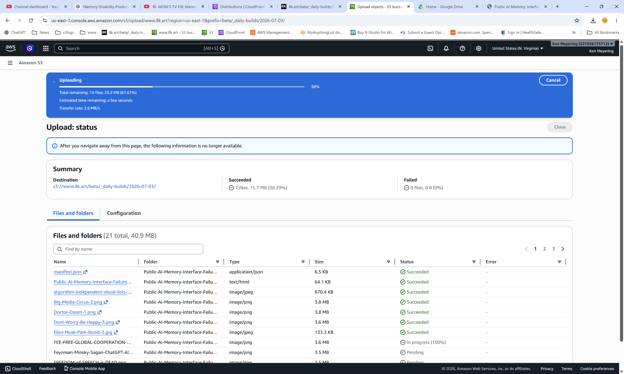 AWS upload status showing files being reuploaded after the move made the original location unclear.