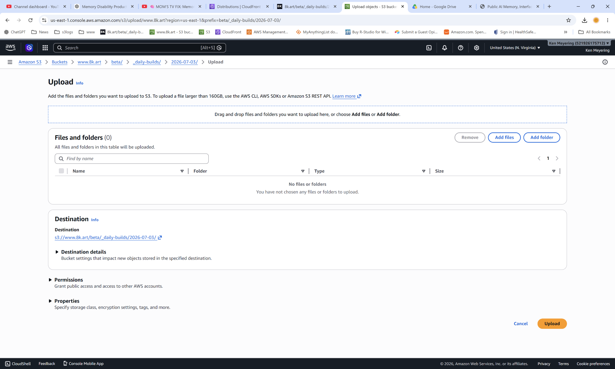 AWS upload page at the 2026-07-03 destination, used to reupload the folder after the move confusion.