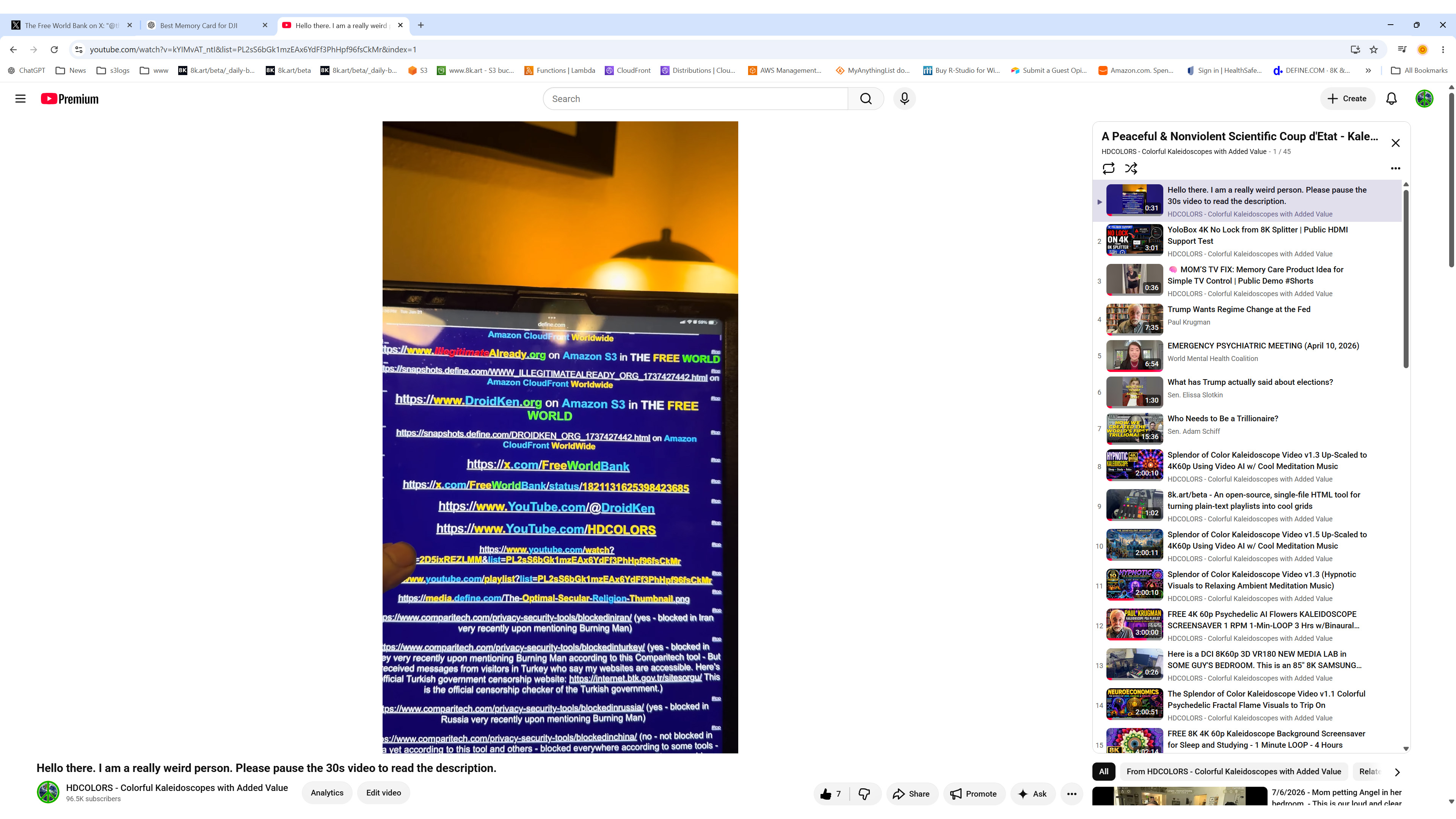Still frame from a YouTube video showing a visual list of project links and a YouTube playlist panel.
