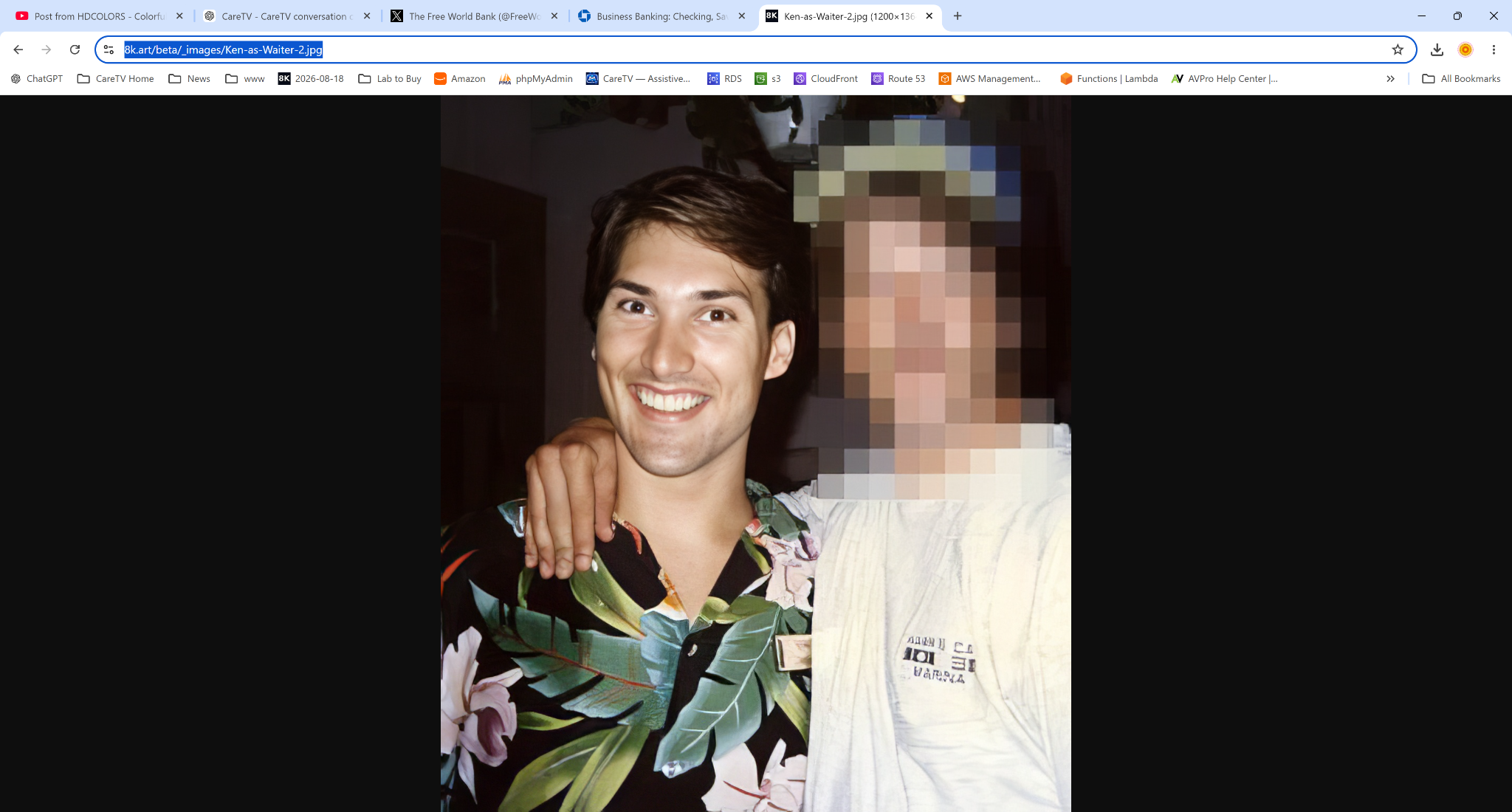 Browser screenshot showing the enhanced waiter image on 8k.art.