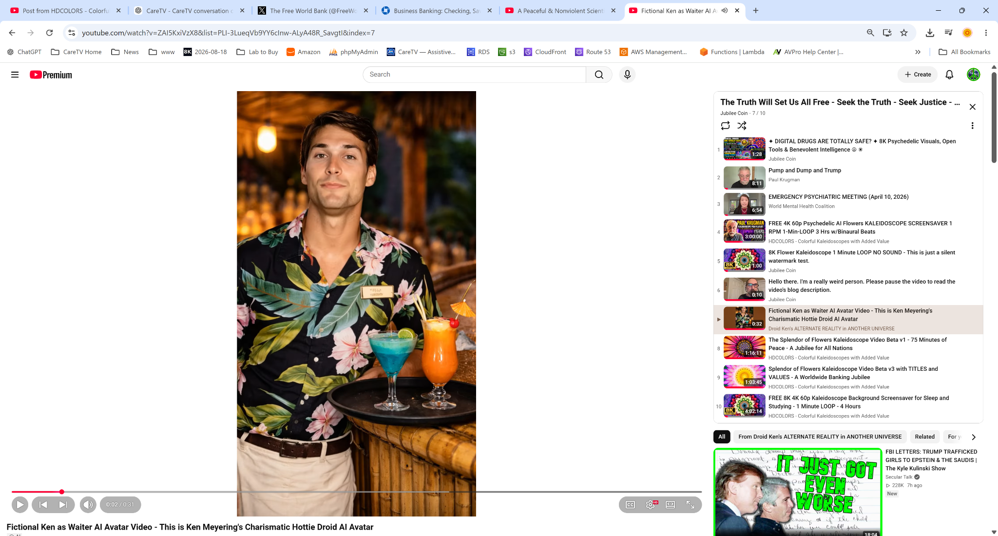YouTube screenshot showing the fictional waiter avatar video in its playlist.