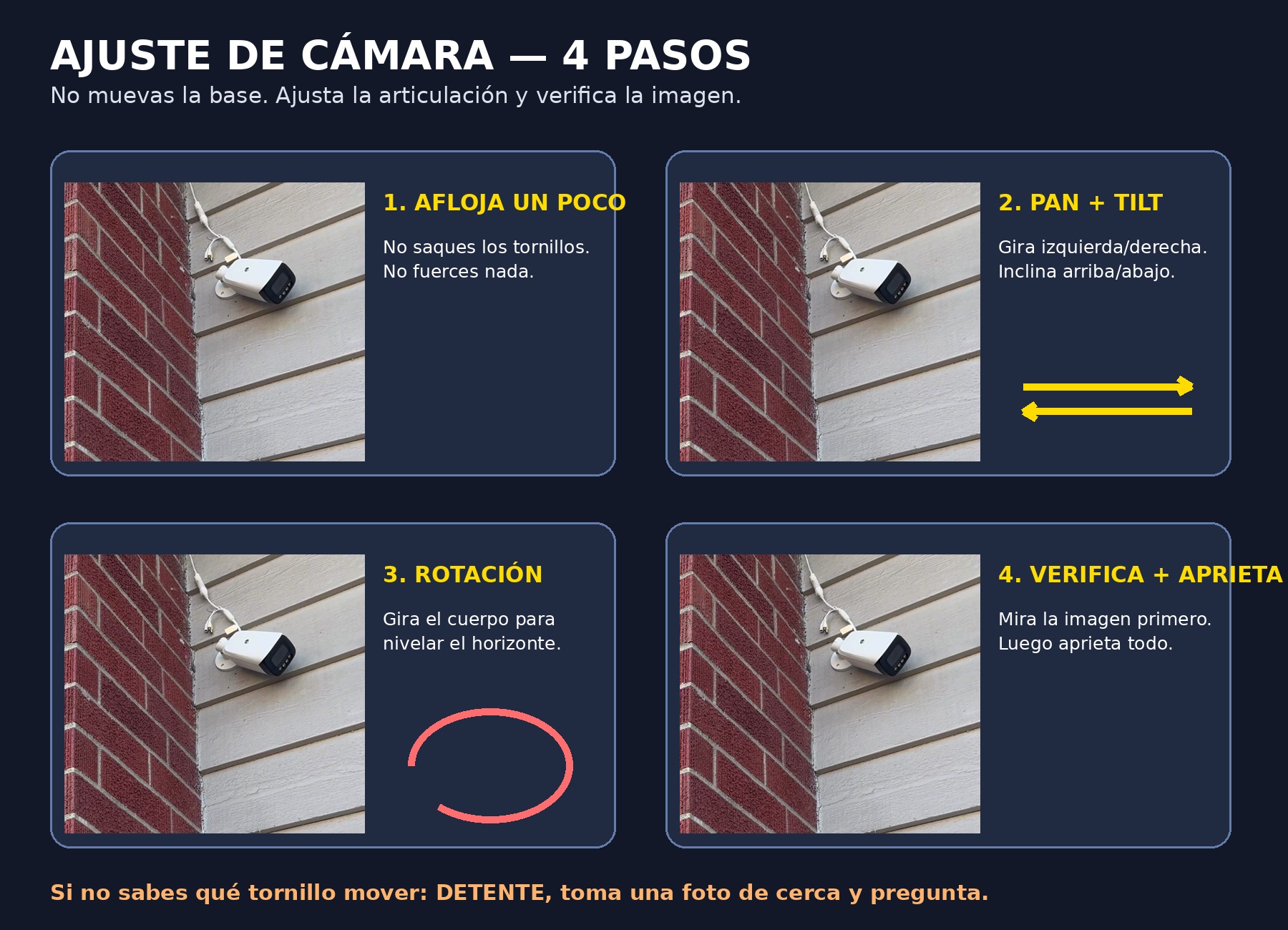 Guía visual de cuatro pasos para ajustar la cámara
