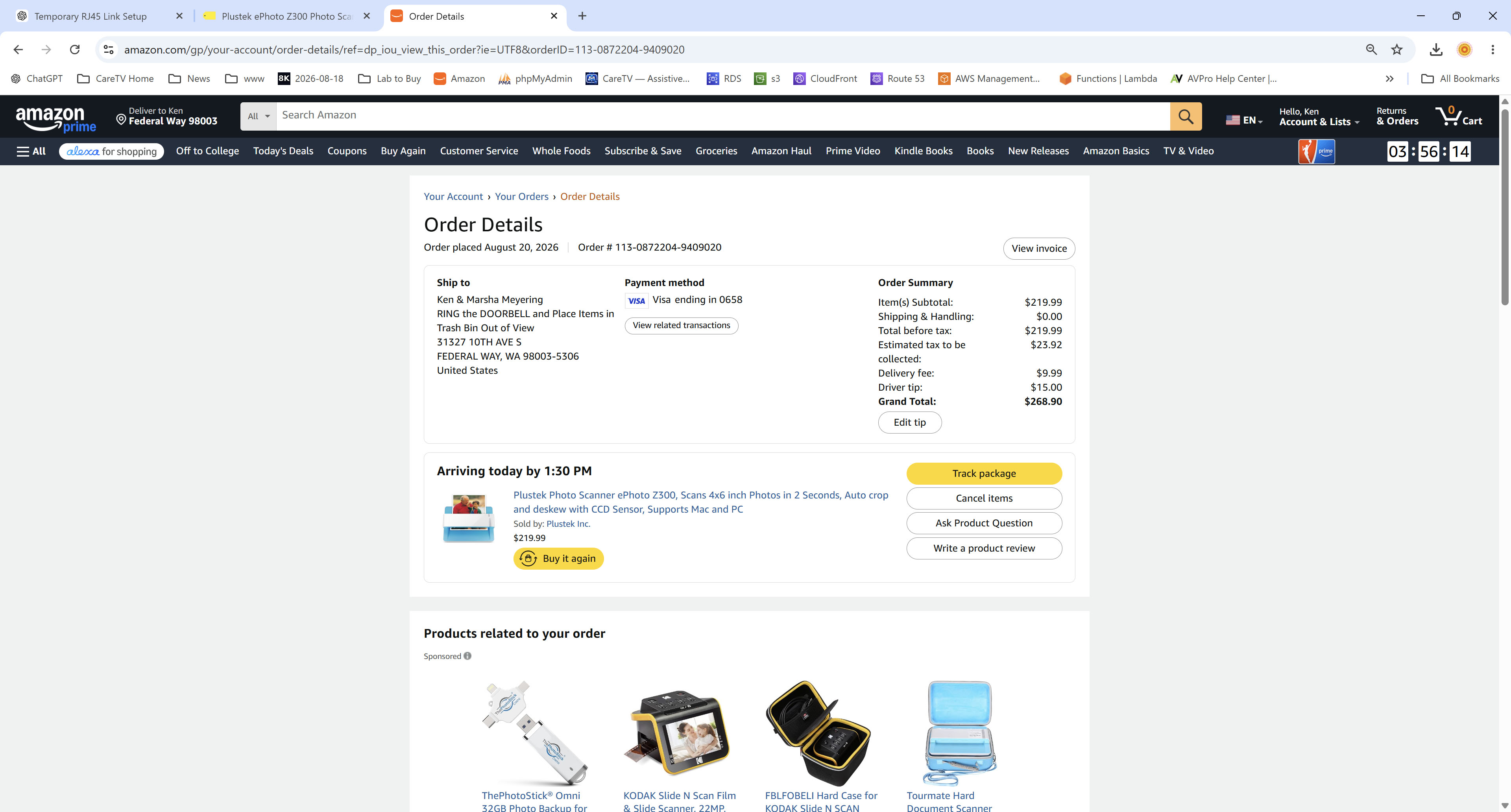 Order confirmation screenshot for the Plustek ePhoto Z300 photo scanner, showing same-day delivery timing.