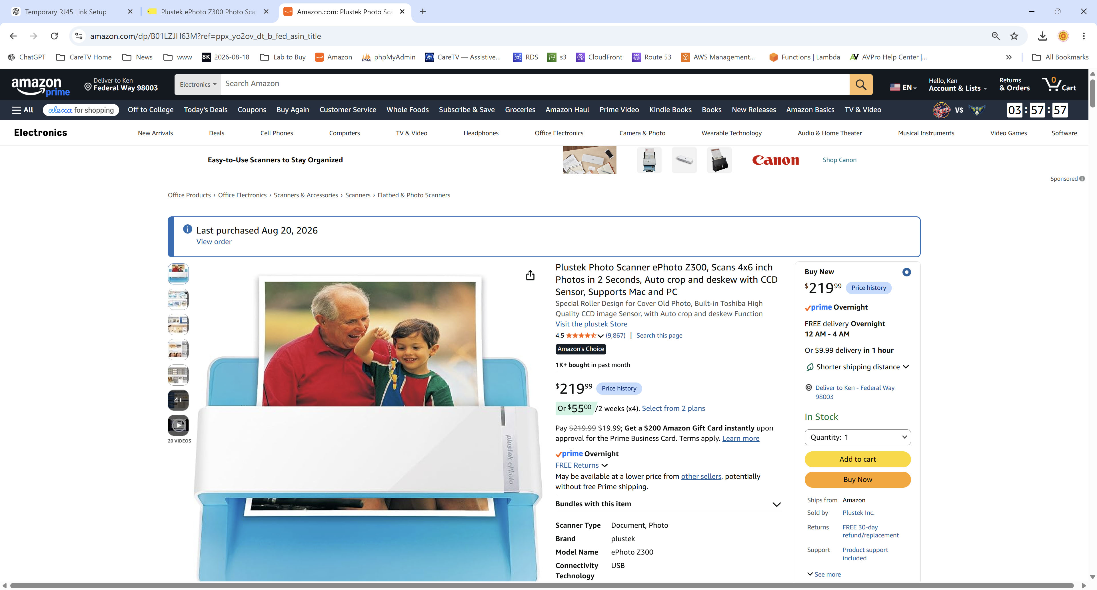 Screenshot of a Plustek ePhoto Z300 4x6 photo scanner product page, showing the compact feed-through scanner design.