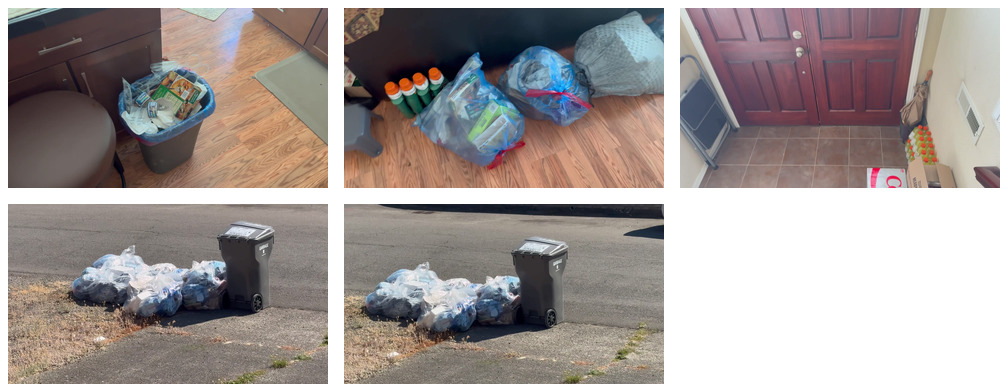 Contact sheet from IMG_0643 showing room entry and outside garbage pickup target