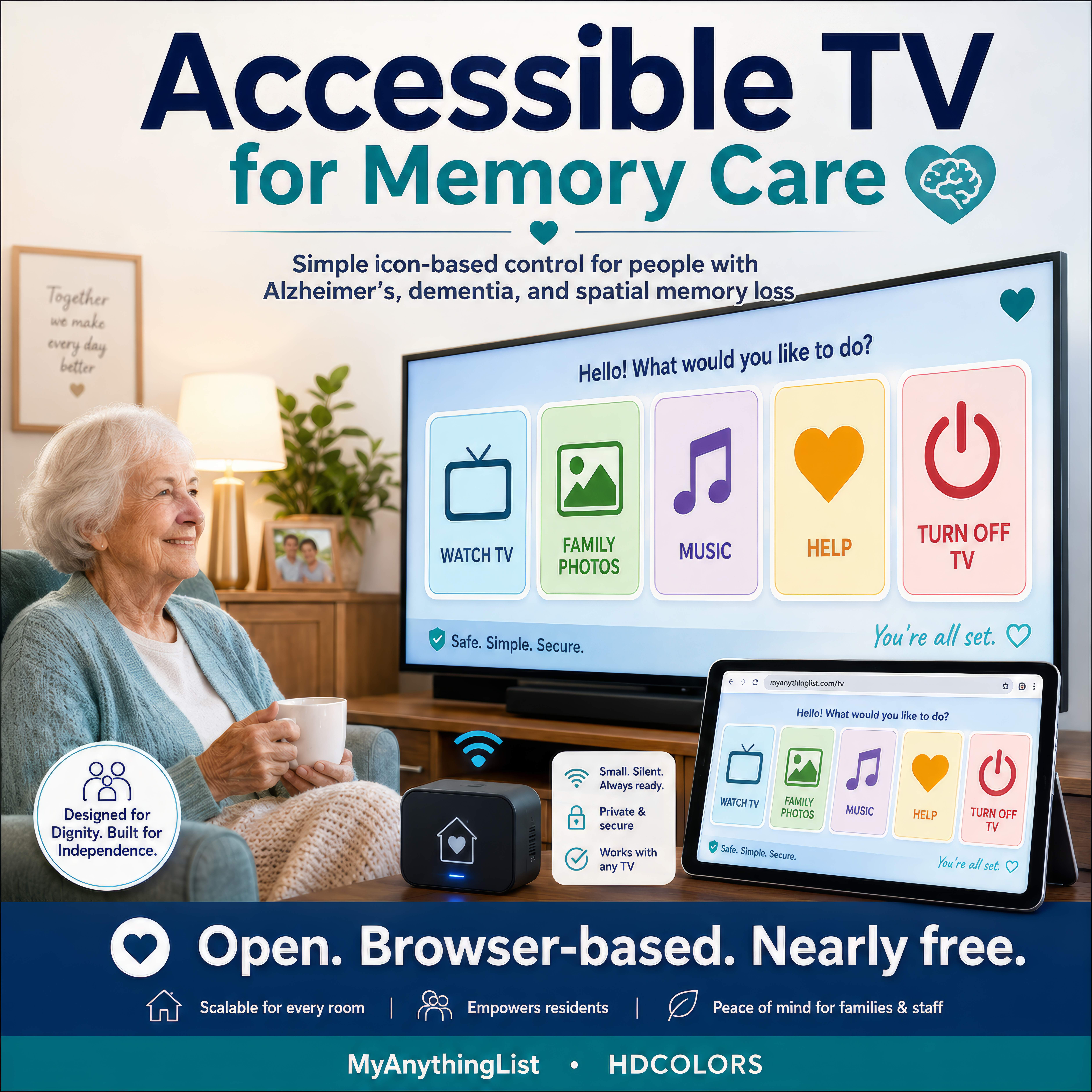Accessible TV for Memory Care: a simple icon-based interface for familiar videos, family photos, music, help, and TV controls